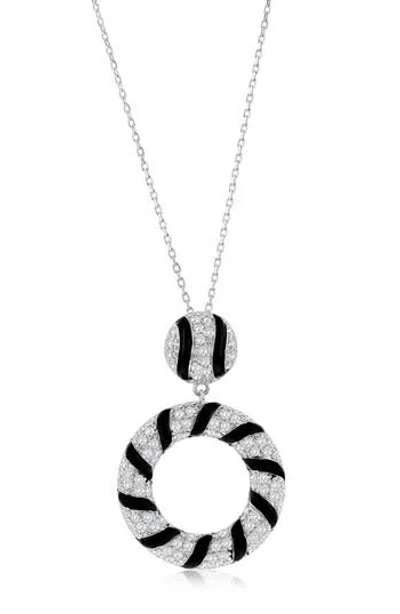 SUZY LEVIAN SUZY LEVIAN PAVÉ CUBIC ZIRCONIA BLACK ENAMEL CIRCLE PENDANT NECKLACE