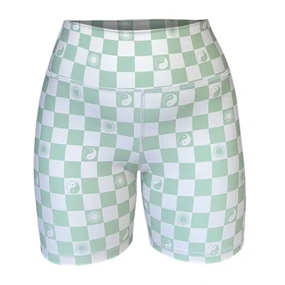 SWAAY WOMEN'S GREEN / NEUTRALS ACTIVE BIKER SHORTS OLIVE IVORY CHECKERED PRINT