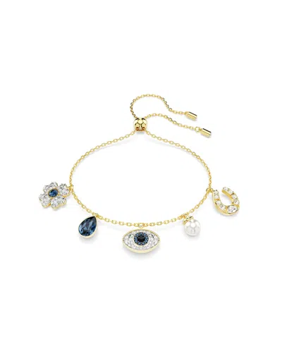 SWAROVSKI CLOVER, EVIL EYE AND HORSESHOE, BLUE, GOLD-TONE PLATED SYMBOLICA BRACELET