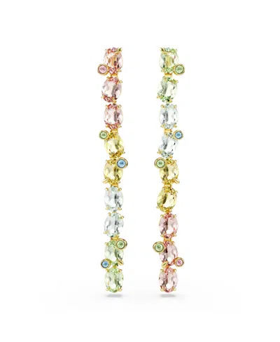 SWAROVSKI GEMA GOLD-TONE PLATED, ASYMMETRICAL DESIGN, MIXED CUTS, MULTICOLORED DROP EARRINGS
