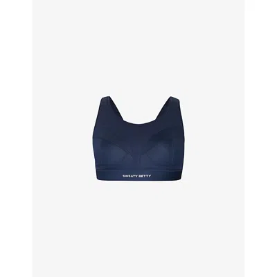 SWEATY BETTY WOMENS NAVY BLUE POWER PRO BRANDED STRETCH-WOVEN BRA