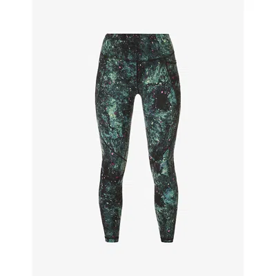 SWEATY BETTY WOMENS GREEN FIREFLY PRINT POWER 7/8 GRAPHIC-PRINT HIGH-RISE STRETCH-JERSEY LEGGINGS XXS