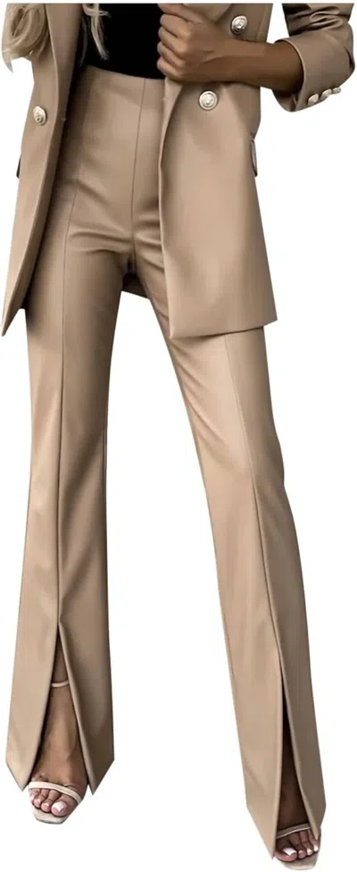 SWEETKAMA JOLIE PLEATHER SPLIT HEM PANTS IN KHAKI