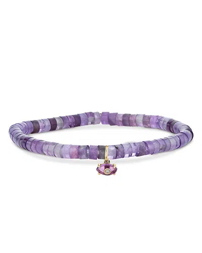 SYDNEY EVAN 14K YELLOW GOLD AMETHYST & DIAMOND EVIL EYE CHARM LIGHT AMETHYST HEISHI BEADED STRETCH BRACELET