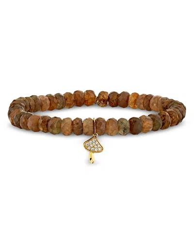 SYDNEY EVAN 14K YELLOW GOLD ANDALUSITE & DIAMOND MUSHROOM CHARM BEADED STRETCH BRACELET