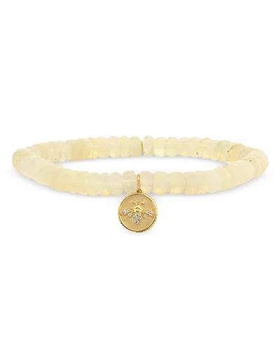 SYDNEY EVAN 14K YELLOW GOLD ETHIOPIAN OPAL RONDELLE & DIAMOND BEE COIN CHARM STRETCH BRACELET