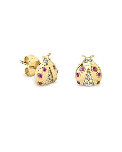 SYDNEY EVAN 14K YELLOW GOLD RUBY & DIAMOND LADYBUG STUD EARRINGS