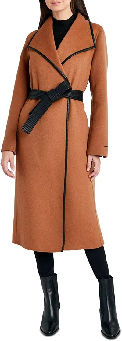 T TAHARI WOMEN BLACK JULIETTE DOUBLE FACE WOOL BELTED COAT IN CARAMEL