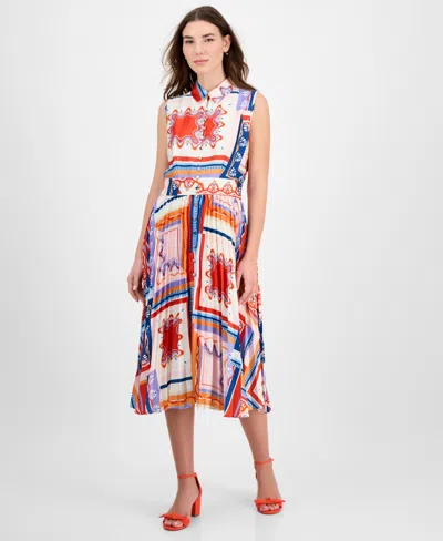 T TAHARI WOMEN'S PRINTED PLEATED MIDI SHIRTDRESS