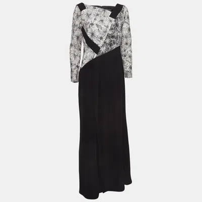 TADASHI SHOJI BLACK/WHITE FLORAL EMBROIDERED TULLE AND CREPE MAXI DRESS L