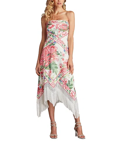 TADASHI SHOJI BRETTE FLORAL PRINT TASSEL FRINGE MIDI DRESS