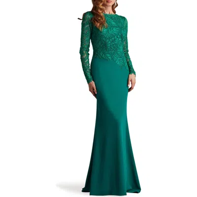 TADASHI SHOJI TADASHI SHOJI EMBROIDERED LEAF PRINT LONG SLEEVE GOWN