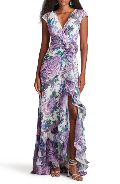 TADASHI SHOJI TADASHI SHOJI FLORAL WIRE RUFFLE DETAIL GOWN
