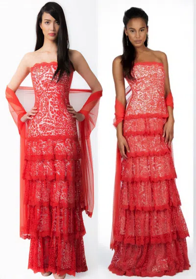 TADASHI SHOJI TADASHI SHOJI TIERED STRAPLESS LACE RED PAPRIKA DRESS GOWN & STOLE 8 10
