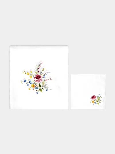 TAF FIRENZE FIAMMINGO HAND-EMBROIDERED LINEN TABLECLOTH AND NAPKINS 118IN/3M (SET OF 12)