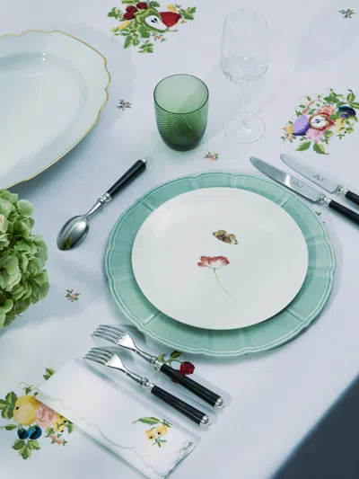 TAF FIRENZE MOTIVI FRUTTA PROCELLANA HAND-EMBROIDERED LINEN TABLECLOTH AND NAPKINS 118IN/3M (SET OF 12)