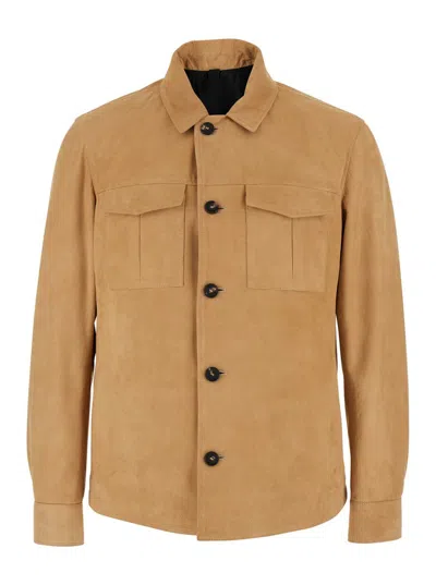TAGLIATORE BEIGE JACKET WITH CLASSIC COLLAR IN SUEDE MAN