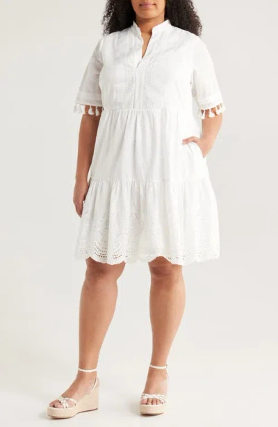 TAHARI ASL TAHARI ASL EYELET EMBROIDERY TIERED COTTON SHIFT DRESS