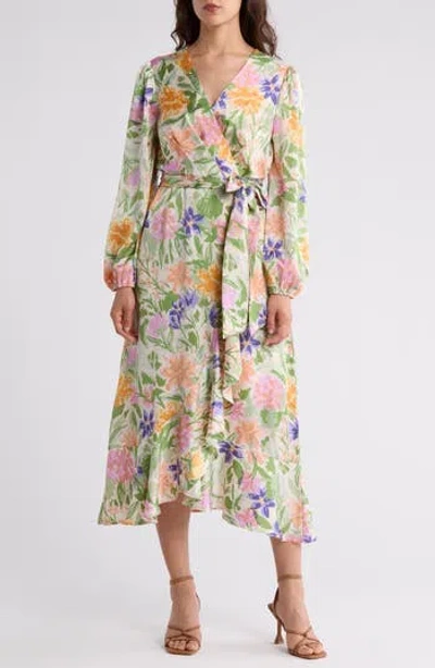 TAHARI ASL TAHARI ASL FLORAL SATIN LONG SLEEVE FAUX WRAP MIDI DRESS