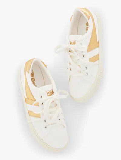 TALBOTS Â® MARK COX TENNIS SNEAKERS - METALLIC - OFF WHITE/GOLD - 10M - 100% COTTON TALBOTS