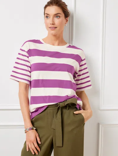 TALBOTS PLUS SIZE - BOXY CREWNECK T-SHIRT - MIXED STRIPE - IVORY/PURPLE THISTLE - 2X TALBOTS