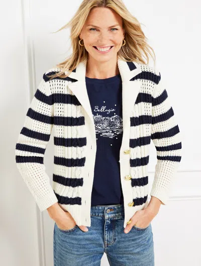TALBOTS PLUS PETITE - CABLE KNIT SWEATER JACKET - STRIPE - IVORY/INDIGO - 3X - 100% COTTON TALBOTS