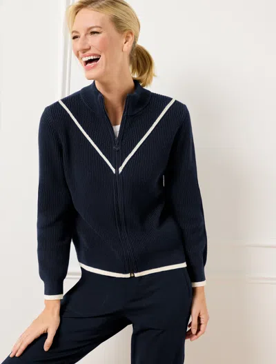 TALBOTS PETITE - COOLMAXÂ® FULL ZIP SWEATER JACKET - CHEVRON - INDIGO - XL TALBOTS