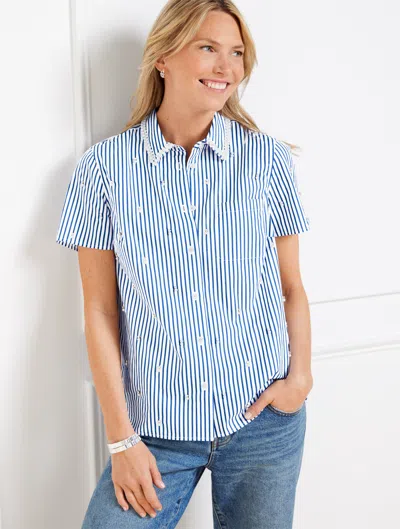 TALBOTS PETITE - EMBELLISHED SHORT SHIRT - DAFFODIL STRIPE - BLUE/WHITE - 2XS - 100% COTTON TALBOTS