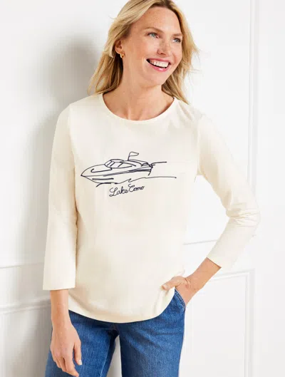 TALBOTS MISSES - EMBROIDERED BOAT CREWNECK T-SHIRT - IVORY - LARGE - 100% COTTON TALBOTS