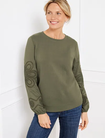 TALBOTS PETITE - EMBROIDERED CREWNECK SWEATSHIRT - BURNT OLIVE - SMALL TALBOTS