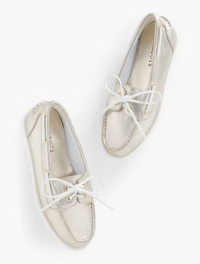 TALBOTS FINELY METALLIC NAPPA BOAT SHOES - PLATINO - 9 1/2 M TALBOTS