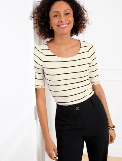 TALBOTS PLUS PETITE - LACE TRIM BALLET NECK T-SHIRT - STRIPE - IVORY/BLACK - 2X TALBOTS