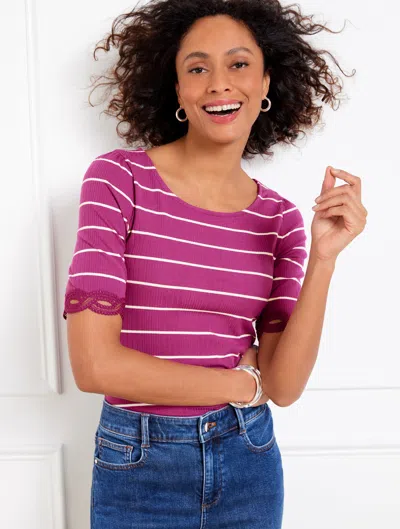 TALBOTS PLUS PETITE - LACE TRIM BALLET NECK T-SHIRT - STRIPE - PLUM ROSE/IVORY - 3X TALBOTS