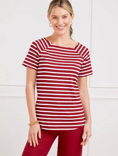 TALBOTS MISSES - EFFORTLESS JERSEY STRIPE BATEAU NECK T-SHIRT - WHITE/SANGRIA - SMALL TALBOTS