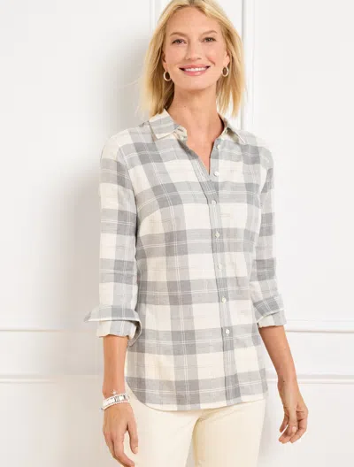 TALBOTS MISSES - METALLIC FLANNEL MODERN CLASSIC SHIRT - CHIMNEY PLAID - IVORY/FOG HEATHER/SILVER - XL TALBO