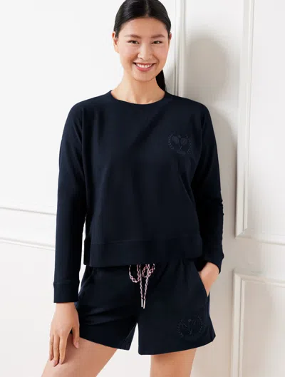 TALBOTS MISSES - MODAL FRENCH TERRY EMBROIDERED CREST SWEATSHIRT - BLUE - LARGE TALBOTS