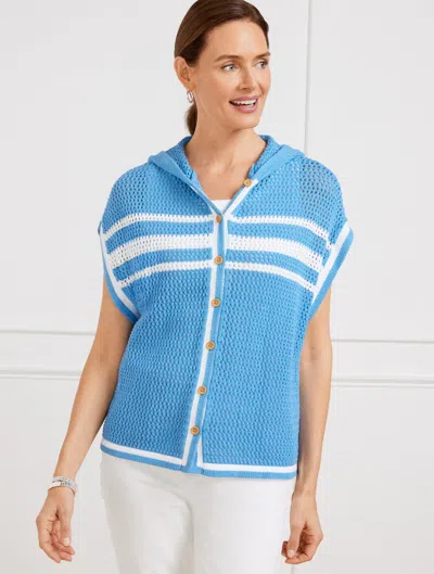TALBOTS OPEN STITCH HOODED STRIPED PONCHO - LAKESIDE BLUE - M/L - 100% COTTON TALBOTS