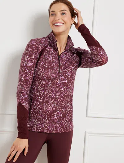 TALBOTS PLUS SIZE - PERFORMANCE INTERLOCK HALF-ZIP PULLOVER SWEATER - STENCILED FANS - BURGUNDY BERRY - 3X T