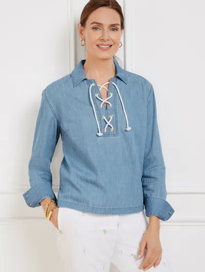 TALBOTS PETITE - LACE UP DENIM TOP - AMALFI WASH - MEDIUM AMALFI WASH - LARGE TALBOTS