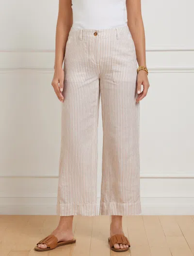 TALBOTS PETITE - STRAIGHT ANKLE WASHED LINEN PANTS - TAILORED STRIPE - FAWN/WHITE - 12 TALBOTS