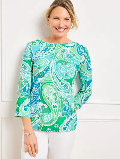 TALBOTS PLUS PETITE - BATEAU NECK T-SHIRT - VIBRANT PAISLEY - BRIGHT GREEN/LAKESIDE - 1X TALBOTS