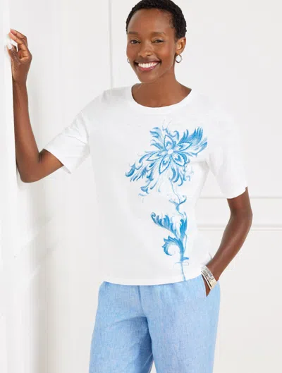 TALBOTS PLUS PETITE - ELBOW SLEEVE CREWNECK T-SHIRT - OCEAN FLORA - WHITE - 3X TALBOTS
