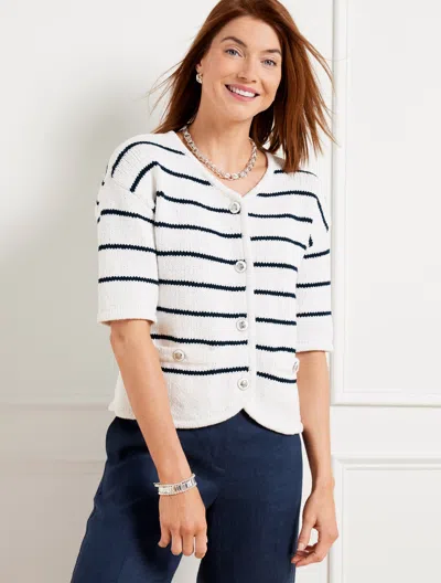 TALBOTS PLUS PETITE - ELBOW SLEEVE SWEATER JACKET - STRIPE - WHITE/INDIGO BLUE - 2X TALBOTS
