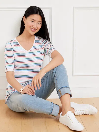 TALBOTS PLUS PETITE - ELBOW SLEEVE V-NECK T-SHIRT - MARGOT STRIPE - WHITE/HOT CORAL - X - 100% COTTON TALBOT
