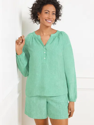TALBOTS PLUS PETITE - LANTERN SLEEVE LINEN TOP - CROSS DYED - DEEP GREEN/WHITE - 2X TALBOTS
