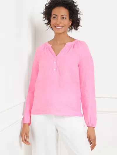 TALBOTS PLUS PETITE - LANTERN SLEEVE LINEN TOP - CROSS DYED - SPRING PINK/WHITE - 1X TALBOTS