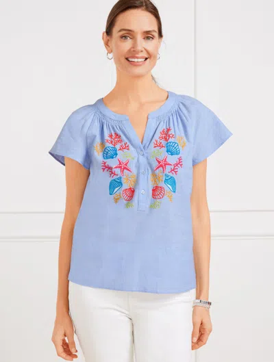 TALBOTS PLUS PETITE - LINEN COTTON TOP - EMBROIDERED SEASHELL - BLUEBELL/WHITE - 2X TALBOTS