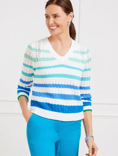 TALBOTS PLUS PETITE - OPEN STITCH V-NECK PULLOVER SWEATER - MULTI STRIPE - DEEP SEA BLUE/WHITE - 1X - 100% C