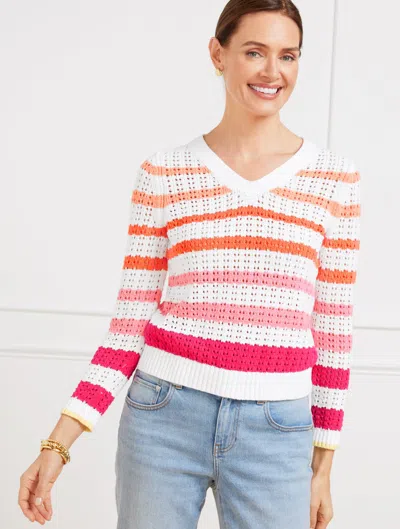 TALBOTS PLUS PETITE - OPEN STITCH V-NECK PULLOVER SWEATER - MULTI STRIPE - RASPBERRY/WHITE - 1X - 100% COTTO
