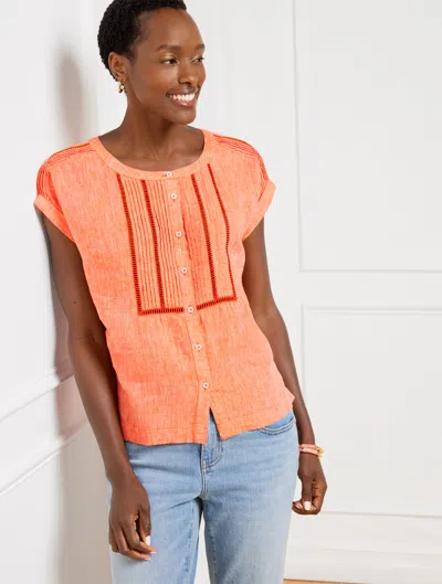 TALBOTS PLUS PETITE - PINTUCK LINEN TOP - HOT ORANGE/WHITE - 3X TALBOTS